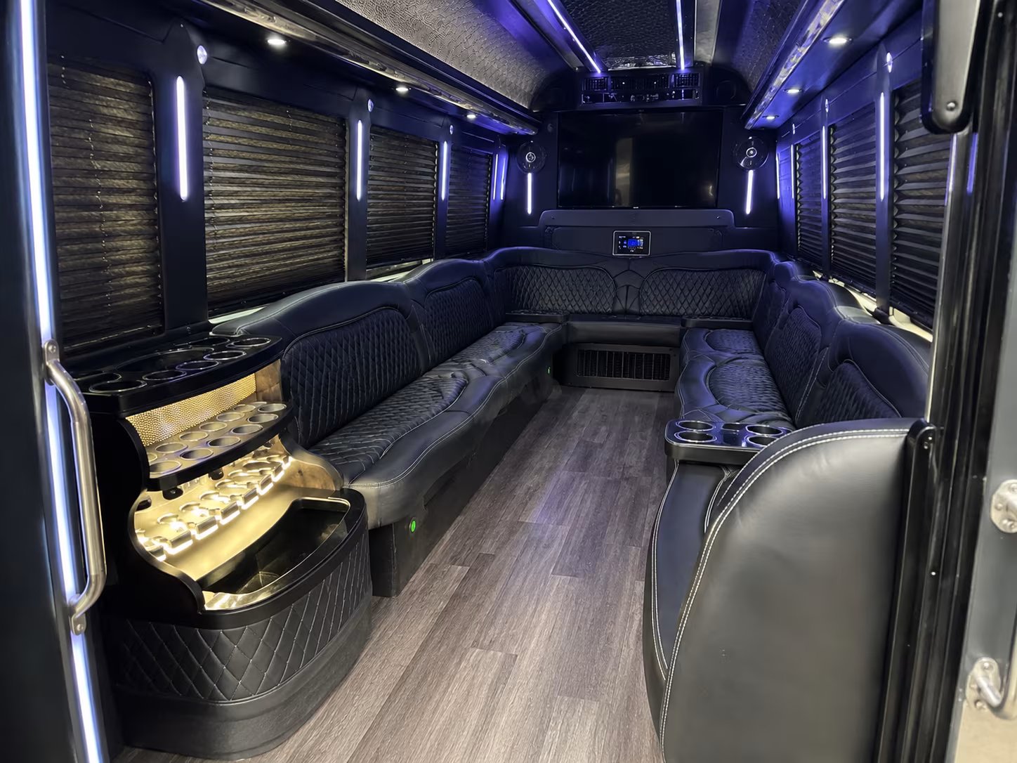 Interior of a party bus rental serving Fayetteville